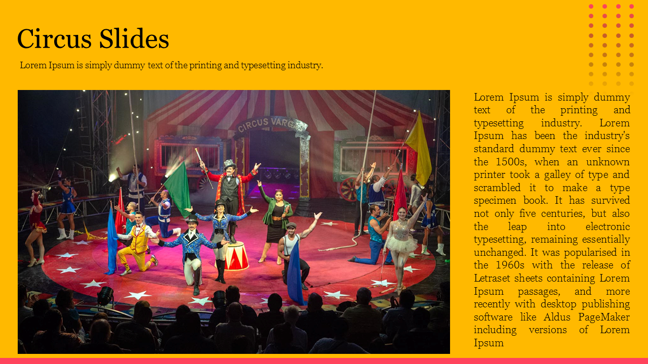 Circus themed slide with a vibrant image of performers in colorful costumes on stage, framed on yellow background.