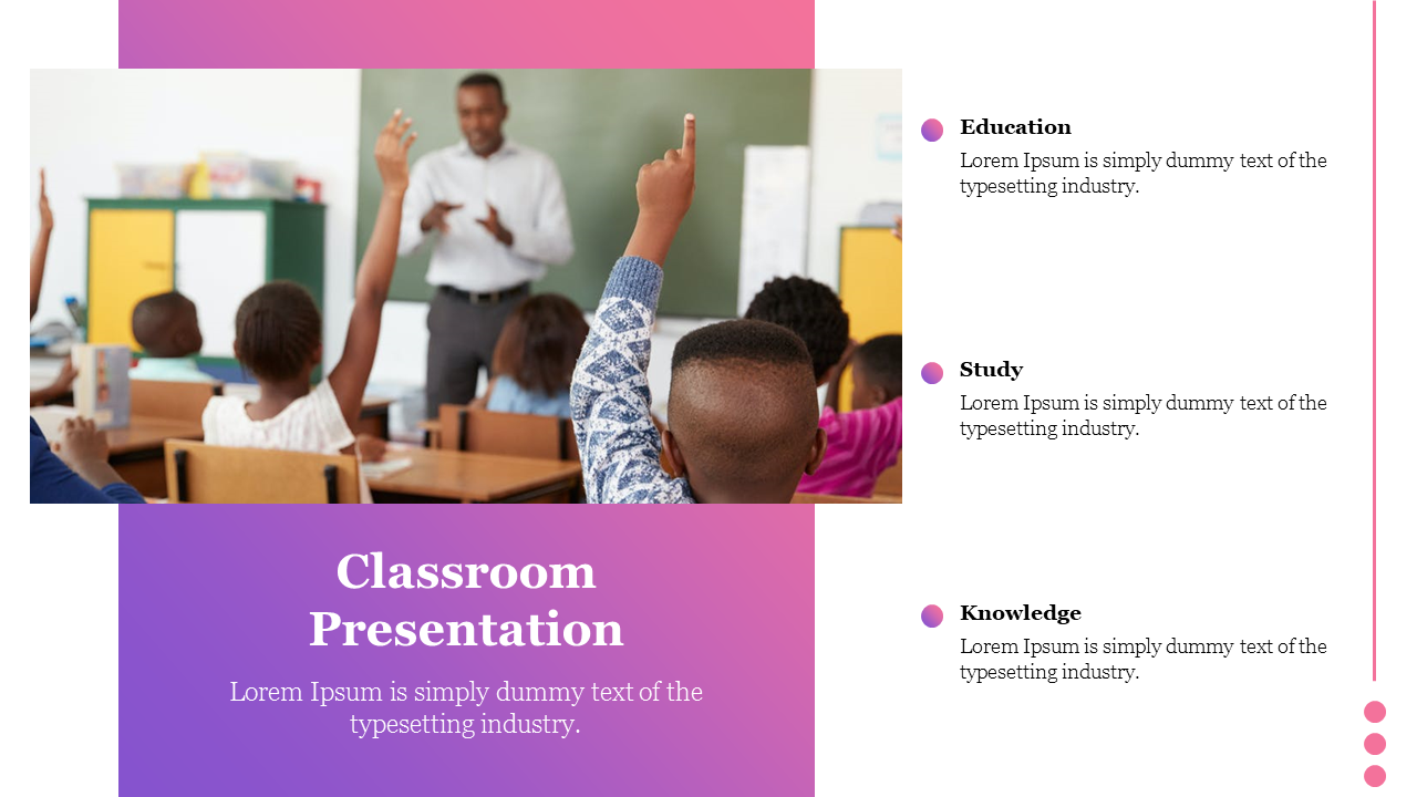 A colorful classroom PowerPoint slide showing a teacher leading a lesson with text boxes on education, study, and knowledge.