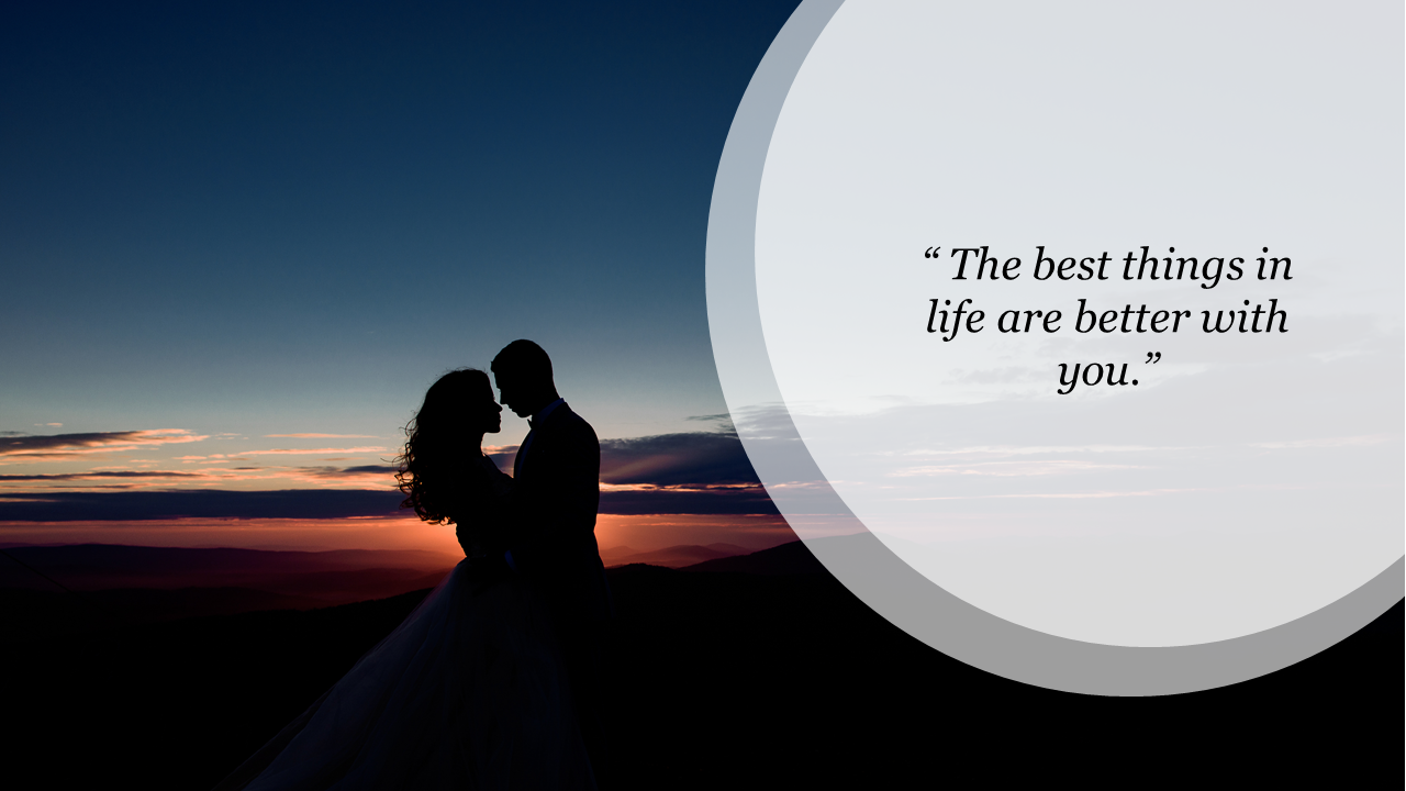 Romantic couple silhouetted against a sunset with a quote about love.