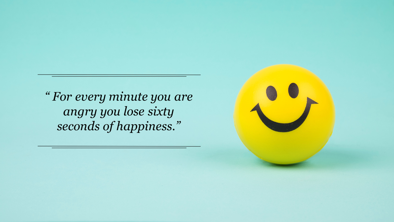 Minimalist design with a motivational quote about happiness and a yellow smiley ball on a turquoise background.