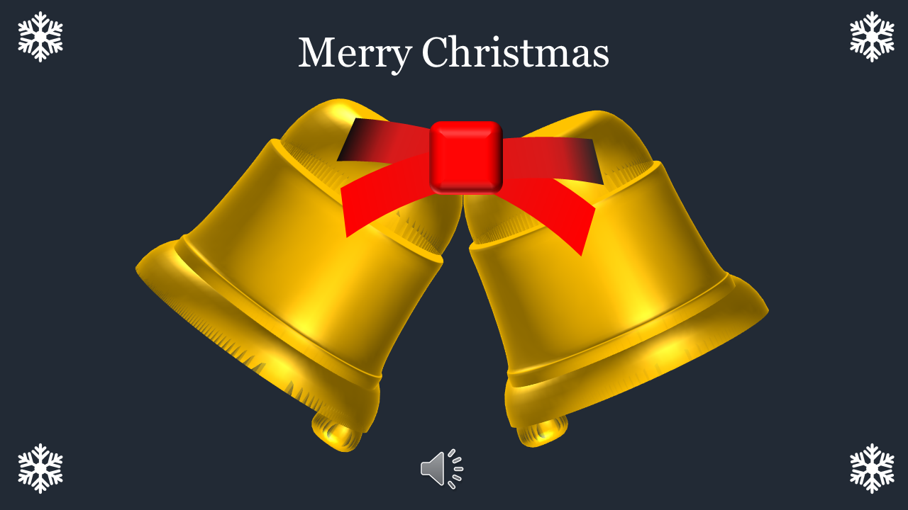 Christmas slide with bold golden bells, a vibrant red ribbon, and a subtle festive background featuring snowflakes.