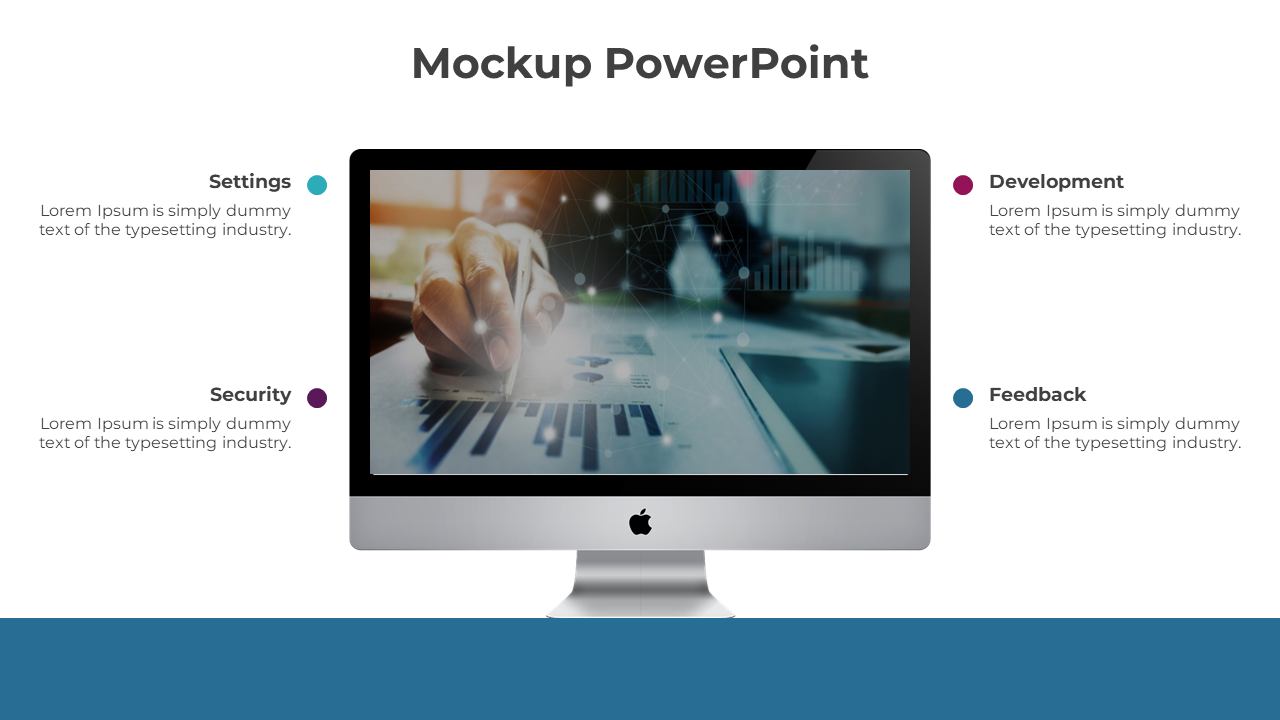 Centered monitor mockup image on a slide with four surrounding colored captions areas for key topics.