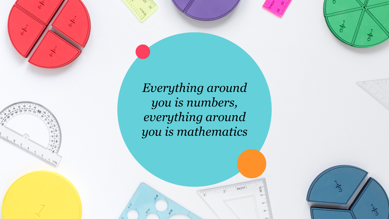 Mathematics-themed background slide with colorful fraction circles and geometric tools surrounding a central quote.