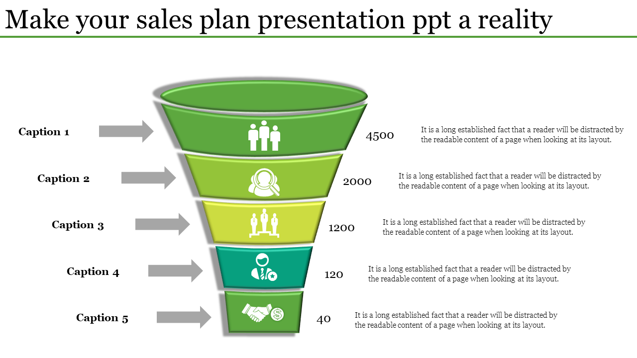 Slide featuring five layered green funnel with icons, captions, and numerical data to illustrate sales stages.