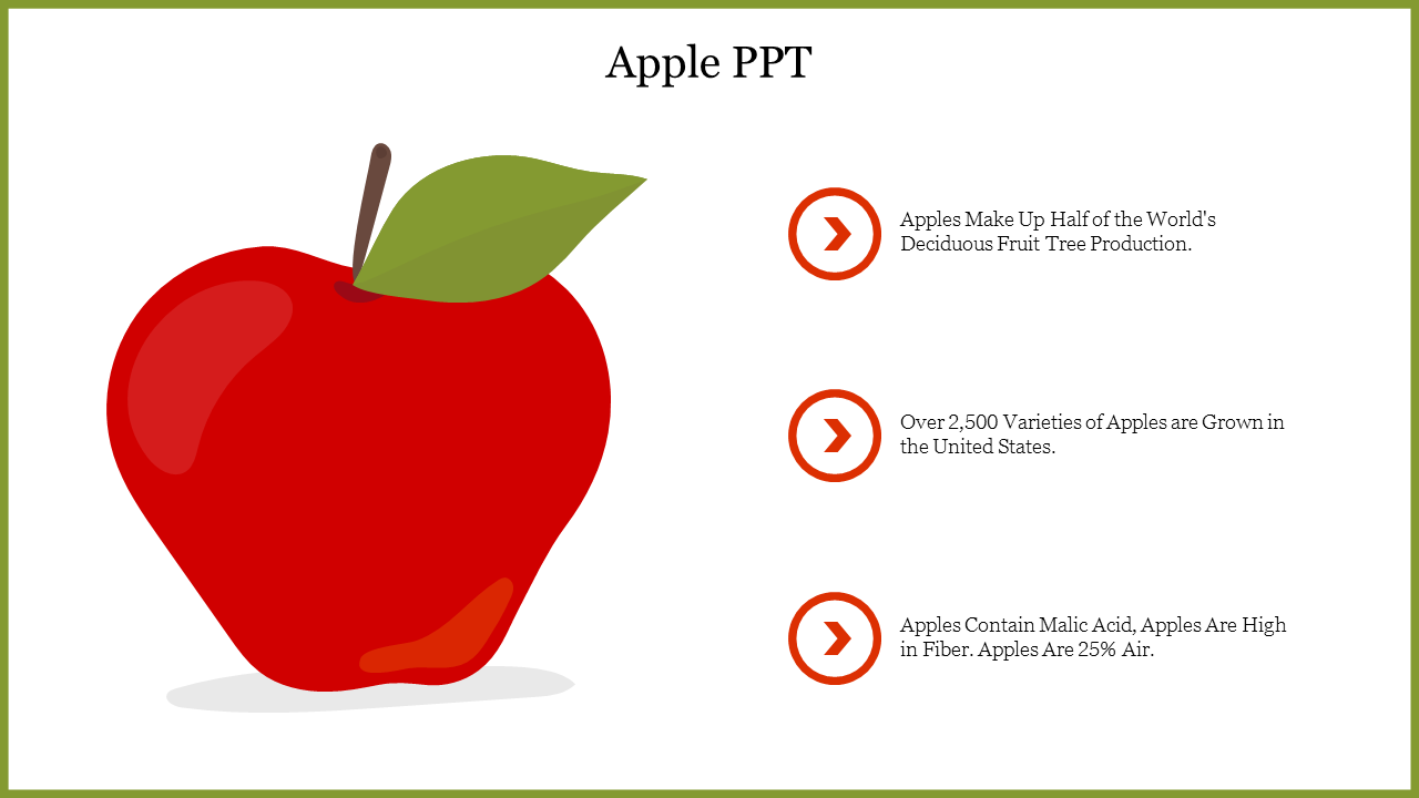 Illustration of a red apple with a green leaf and three circular icons with text aligned vertically on the right.