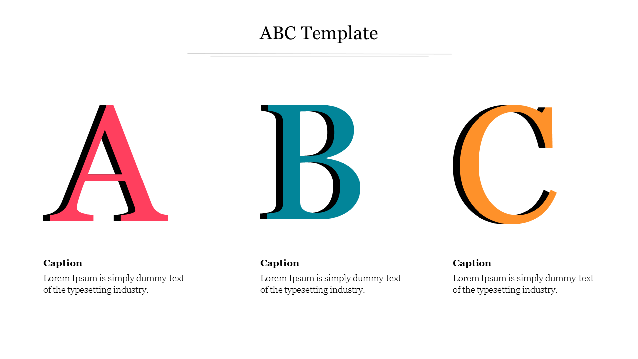 Large stylized letters A, B, and C in red, teal, and orange, each with a caption beneath on a white background.