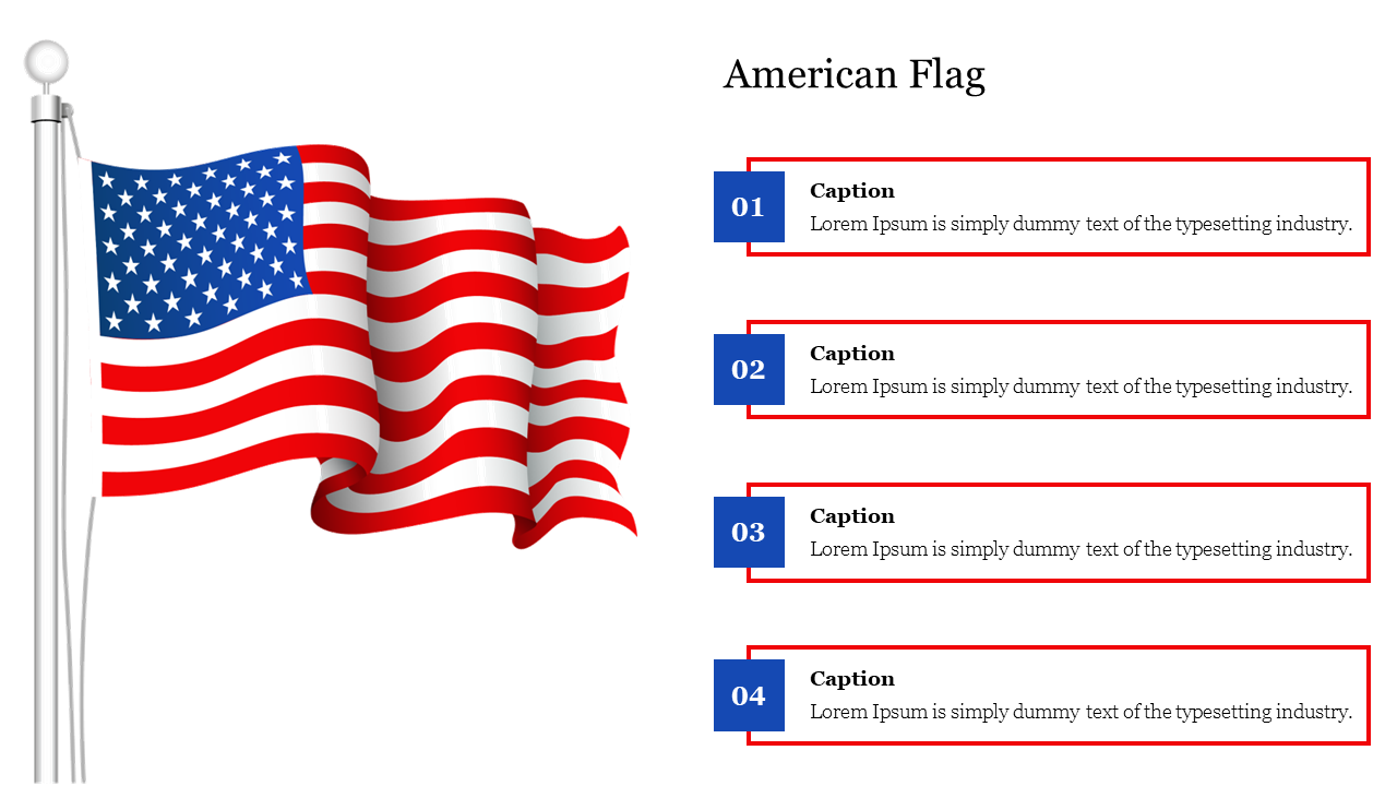 American flag illustration on a pole with four numbered caption areas in blue and red boxes on the right.