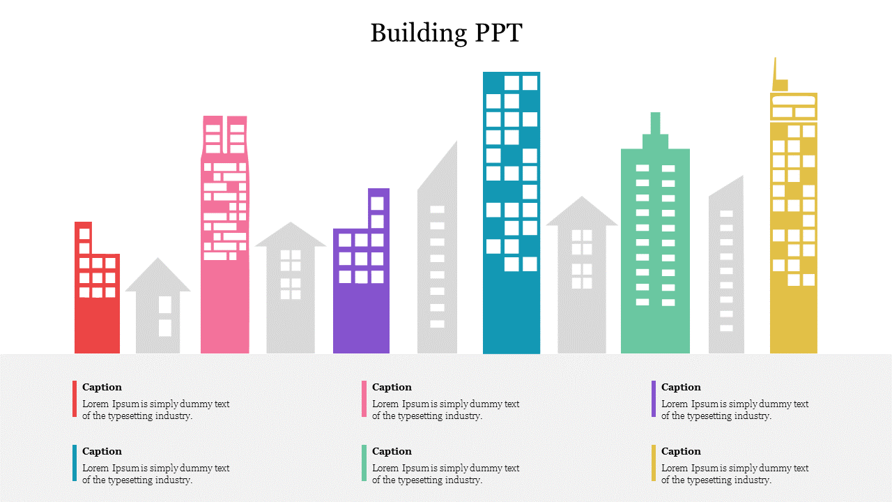 Slide showing colorful buildings in red, pink, purple, blue, green, and yellow, with text sections underneath.