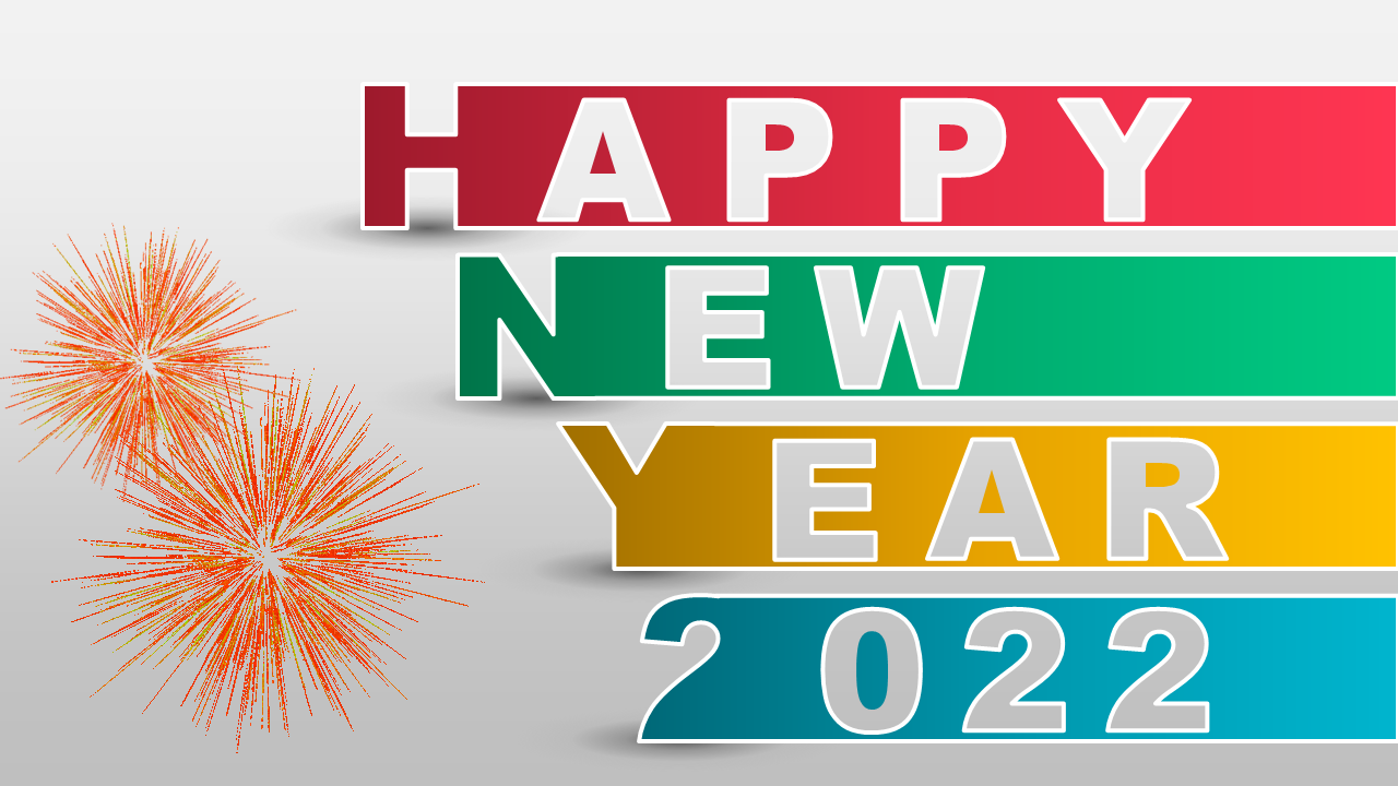 Colorful happy new year 2022 PowerPoint template and text design with fireworks on a festive background.