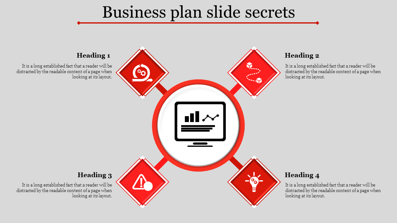 Business plan slide with a central computer graphic surrounded by four red diamond icons representing key headings.