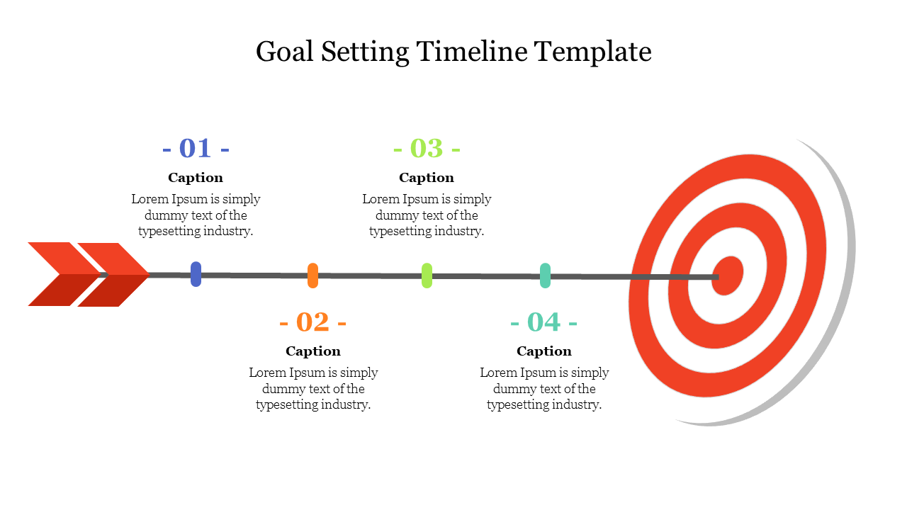 A timeline template with an arrow pointing at a target is divided into four stages with captions.