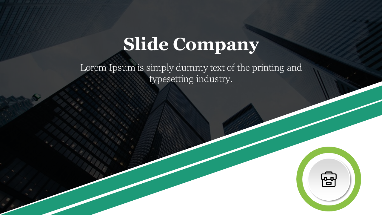 Slide features Company logo with a briefcase icon and a city skyline background with placeholder text.