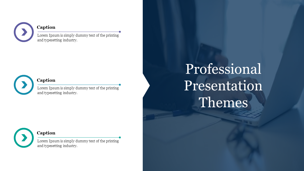 Professional PowerPoint theme slide featuring circular arrows and a person using a laptop in the background.