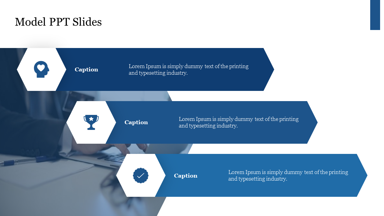 PowerPoint slide with hexagonal design elements showcasing captions and placeholder text on a professional blue background.