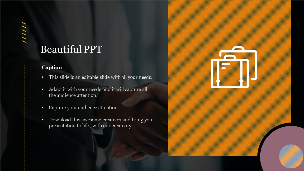 A stylish PowerPoint template with a briefcase icon and a professional handshake background with a caption.