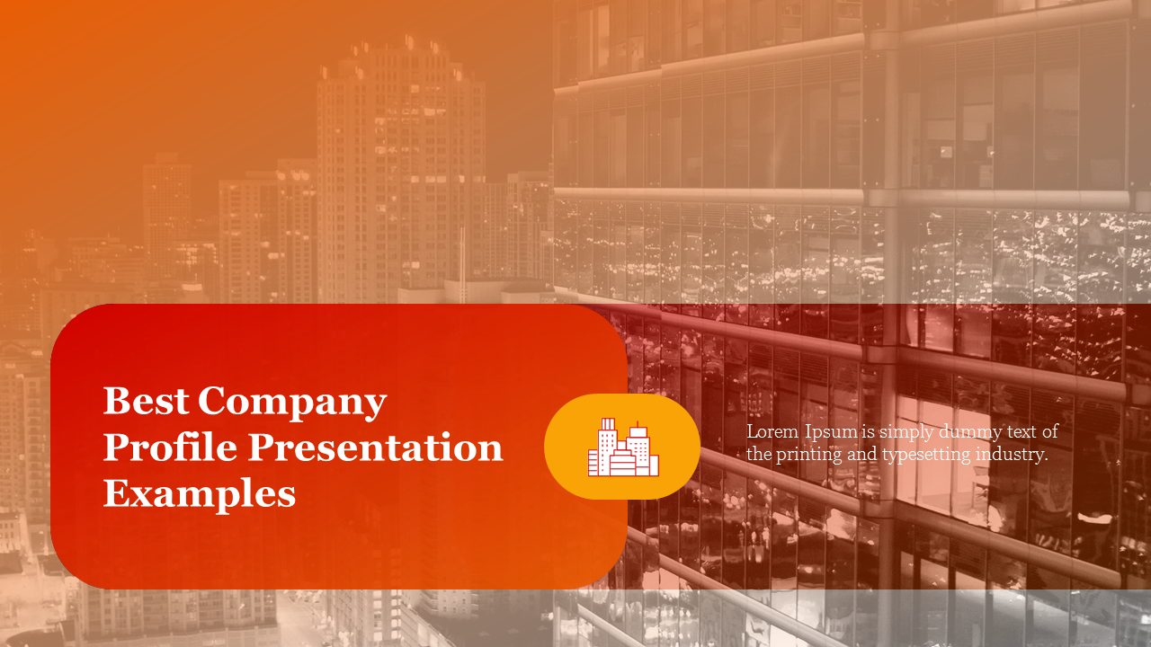 A vibrant PowerPoint slide showcasing a company profile with an urban cityscape background.