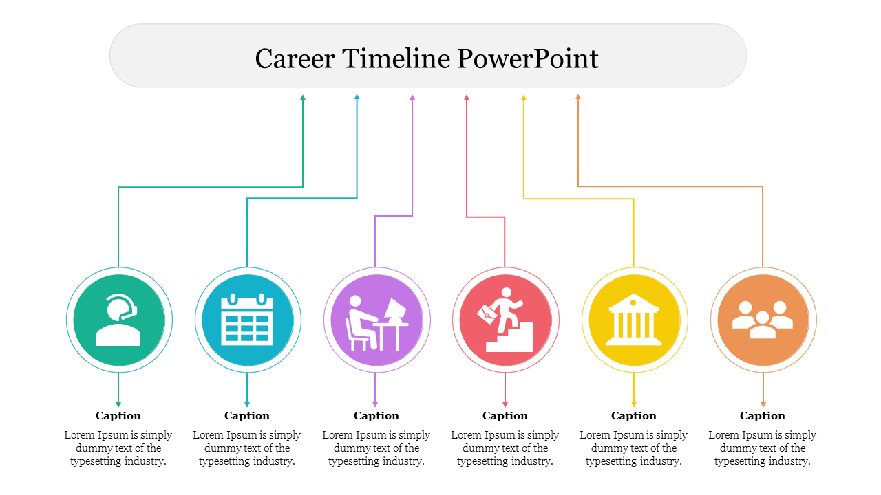 Timeline with six circular icons in different colors, symbolizing various career events connected by lines.