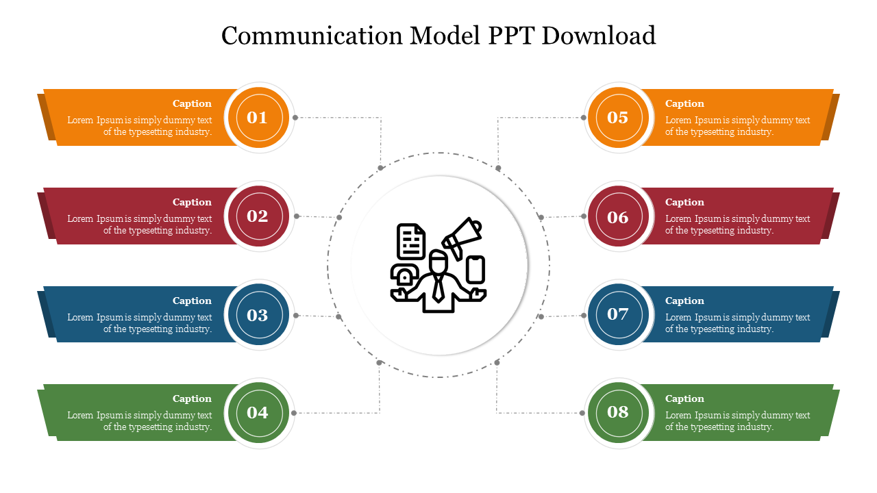 Visual representation of a communication model template, featuring labeled segments and a central icon with placeholder text.