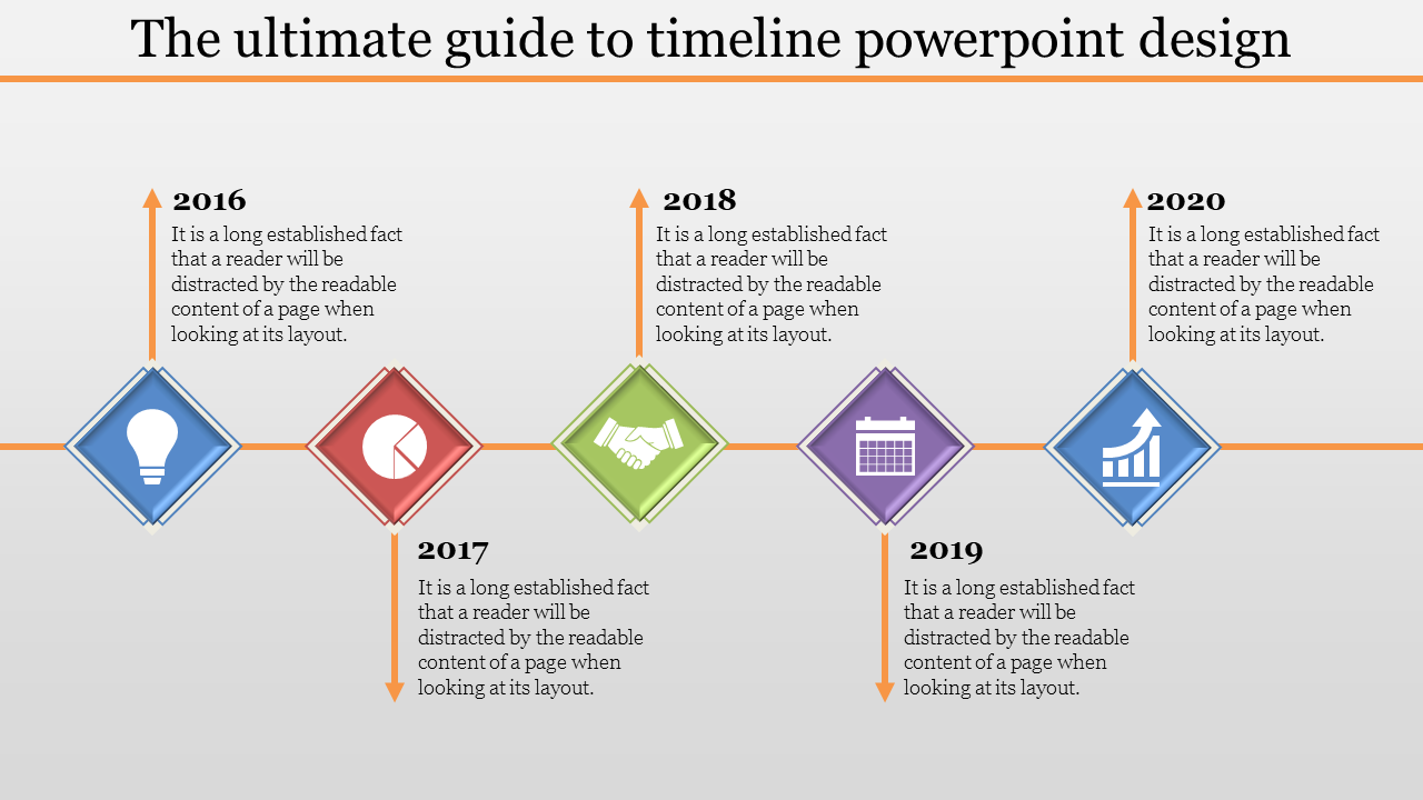 Slide featuring a linear timeline with orange arrows pointing to diamond shaped icons for each year from 2016 to 2020.