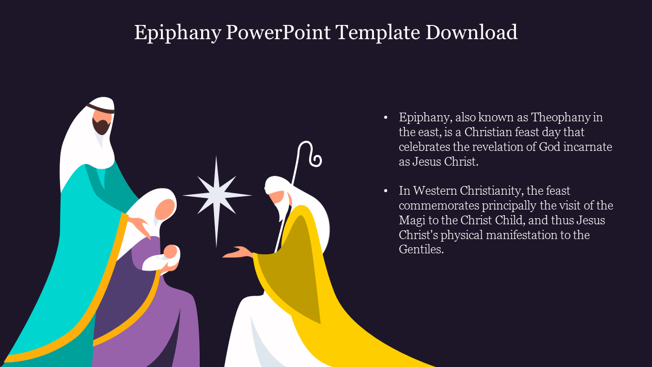 Epiphany PowerPoint slide depicting a scene of the Magi visiting the Christ Child with a star above with text area.