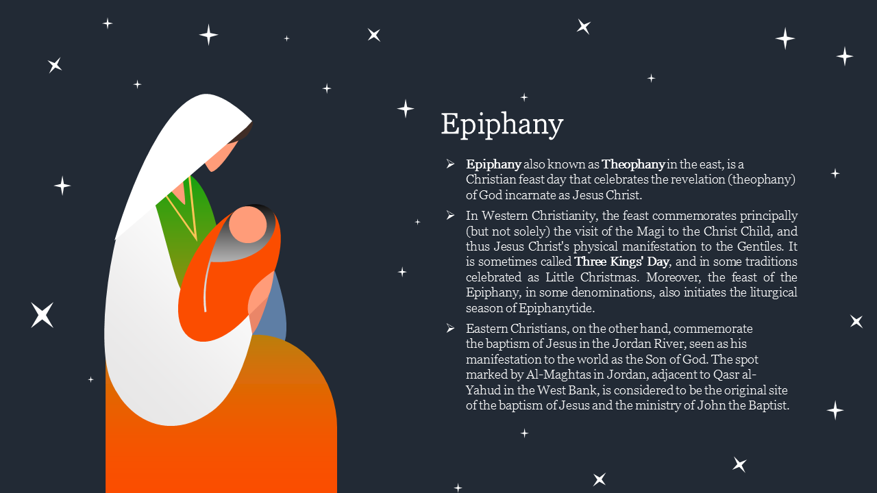 Illustrated Epiphany slide with Mary holding baby Jesus, under a starry night background and text.