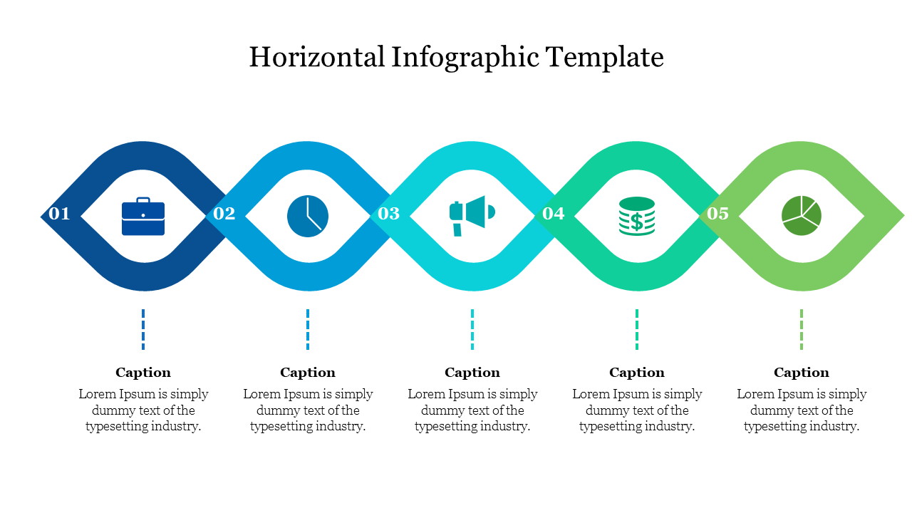 Horizontal infographic slide with five steps, represented by colored icons with captions and placeholder text.