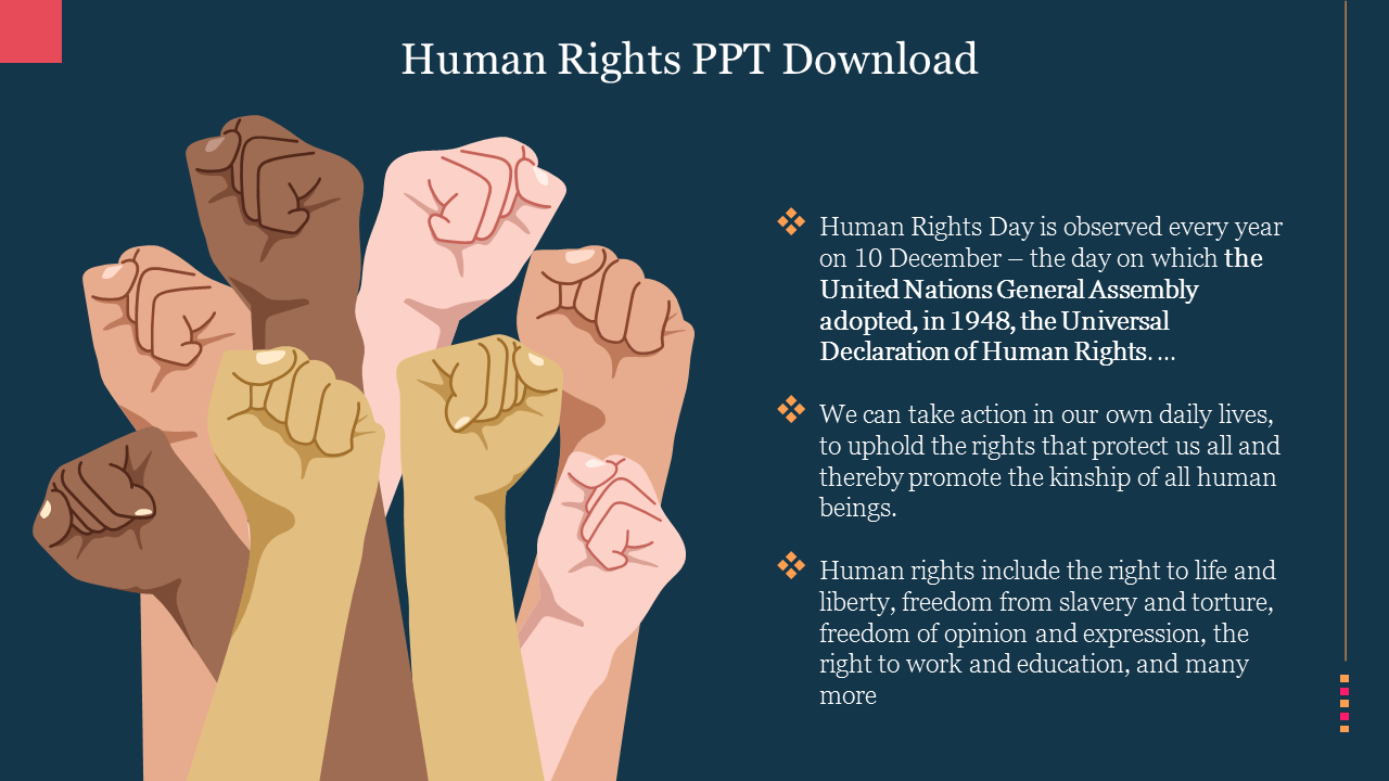 Illustration of raised fists in various skin tones against a blue background, symbolizing unity and human rights.