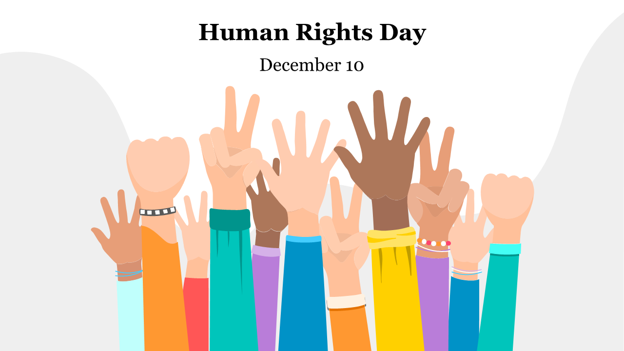 Illustration of diverse hands raised in celebration of human rights on a light background.