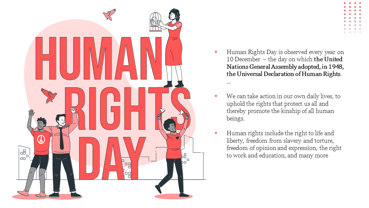 PowerPoint slide for Human Rights day with colorful graphics of people and birds symbolizing freedom and rights.