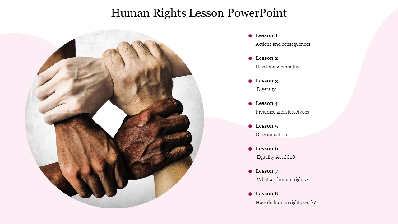 Human rights lesson slide featuring a graphic of intertwined hands symbolizing unity and a list of lesson topics.