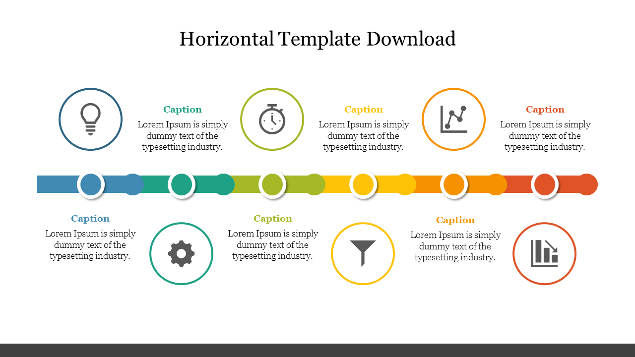 Horizontal timeline template with icons and captions for each step in a colorful, sequential layout.