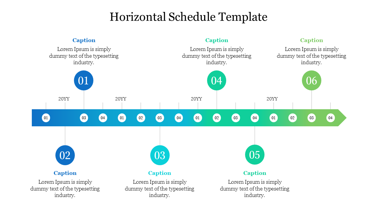 A PowerPoint slide showing a horizontal schedule with colored time markers and captions on a white theme.