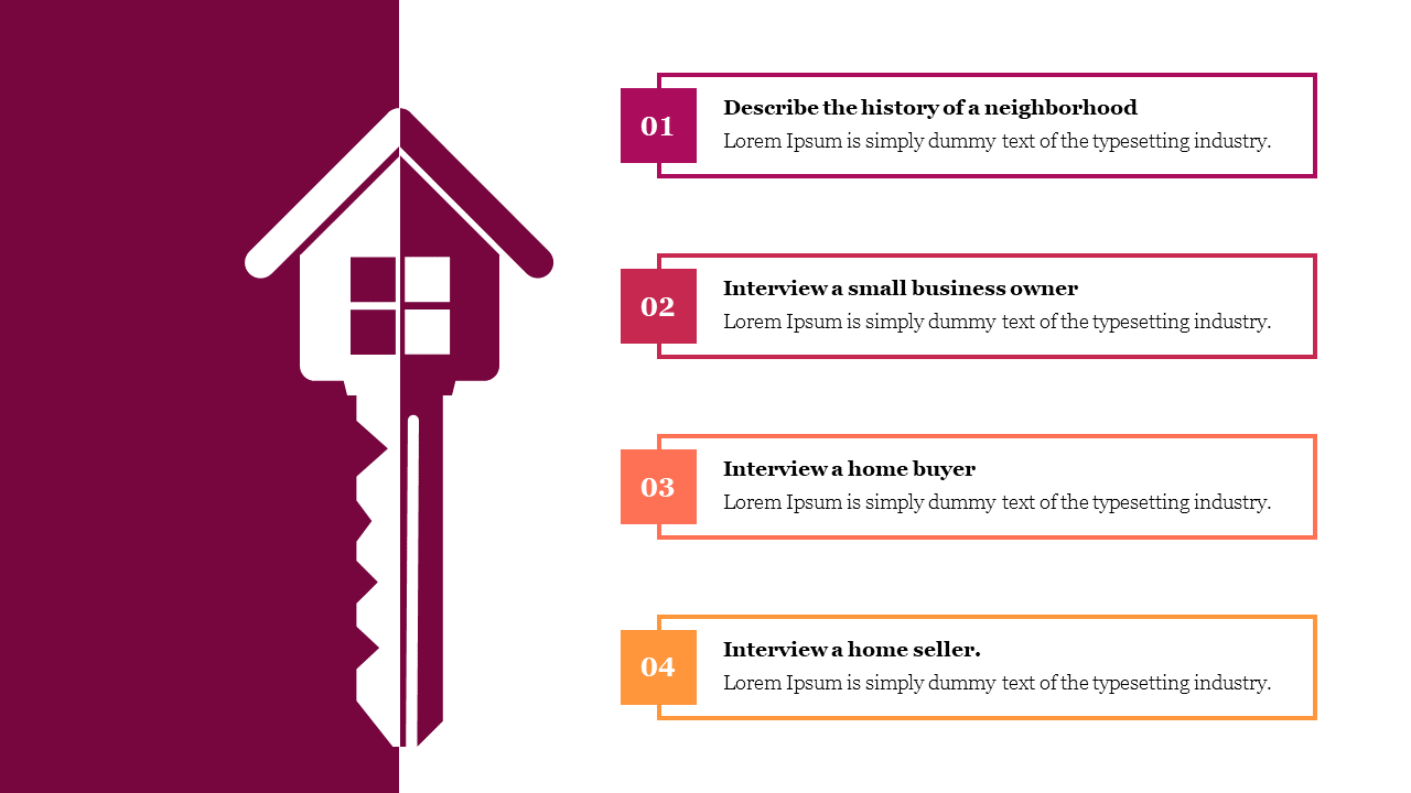 Real estate-themed slide featuring a house-key graphic and numbered sections for content, presented in a vibrant color.