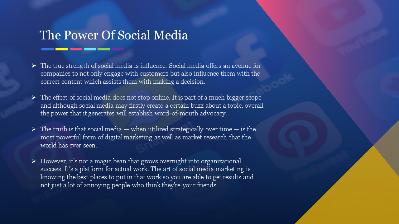 Power of Social Media slide with detailed points, set against a dark blue background with social media logos.