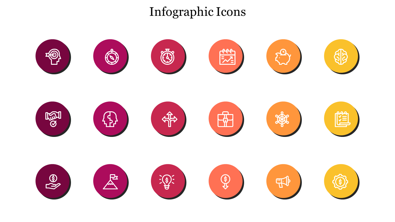 Infographic with 16 circular icons in shades of red, pink, orange, and yellow, each representing different concepts.