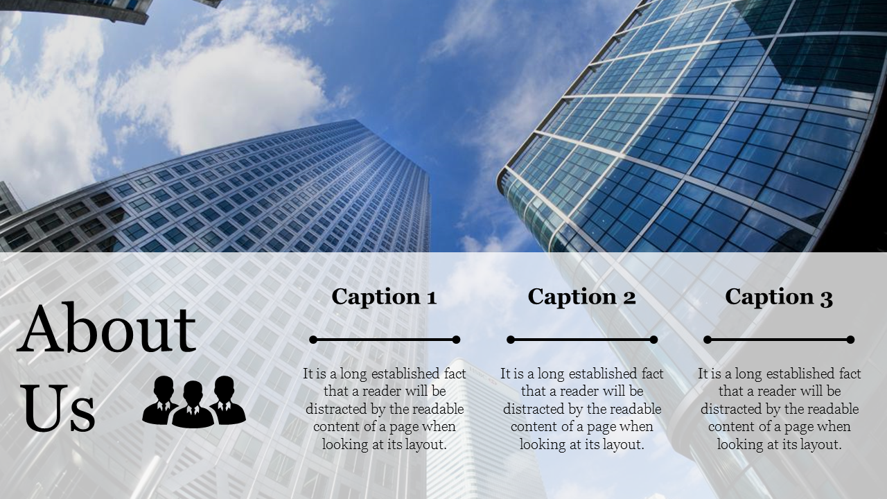 Tall skyscrapers reaching into a blue sky with white clouds, and a semi-transparent overlay containing three captions.