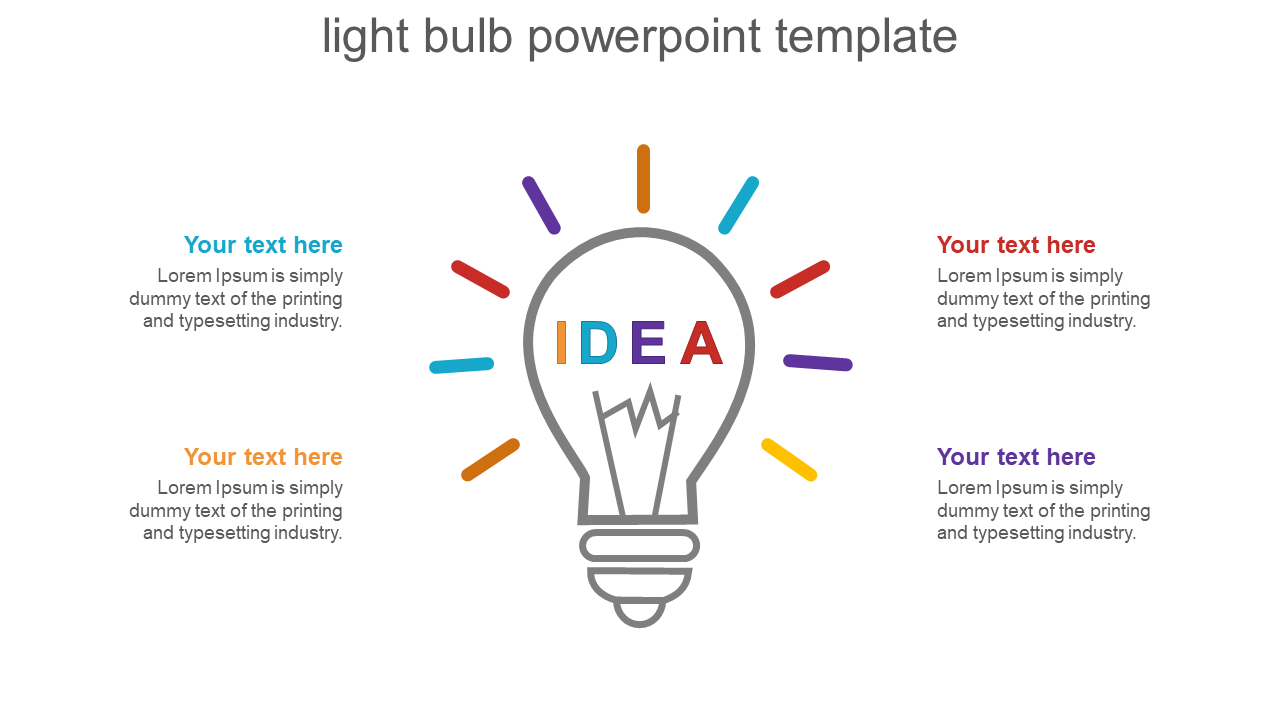 A light bulb outline slide with colorful rays symbolizing ideas, accompanied by text placeholders.