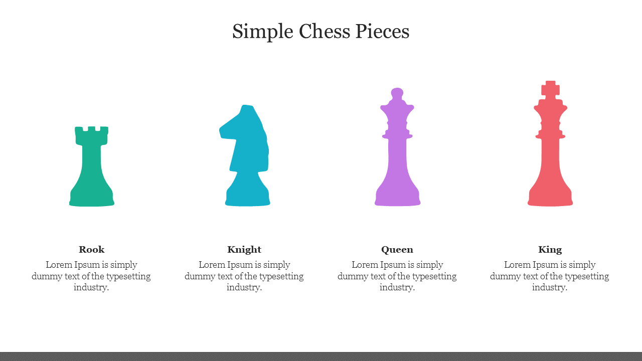 Minimalist chess piece illustration with green rook, blue knight, purple queen, and red king in a row with labels.