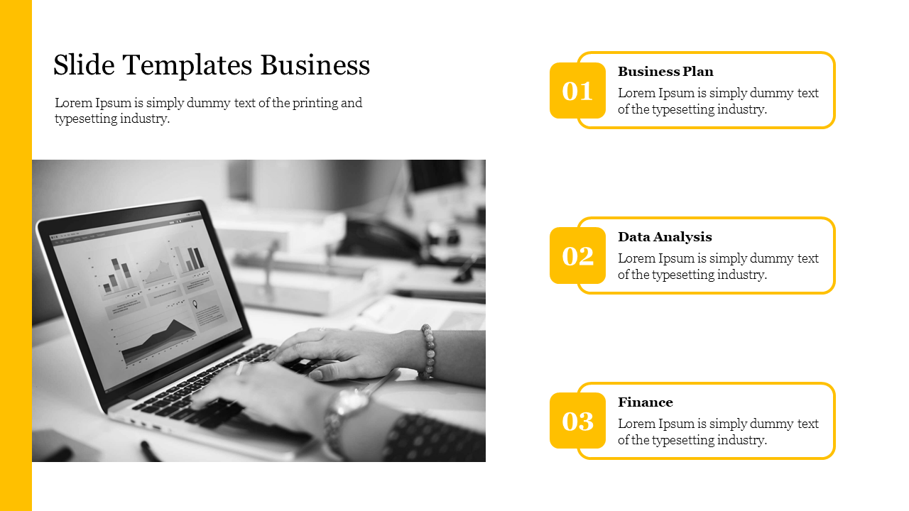 Business slide with a yellow accent, featuring an image of a laptop showing graphs and three numbered text sections.