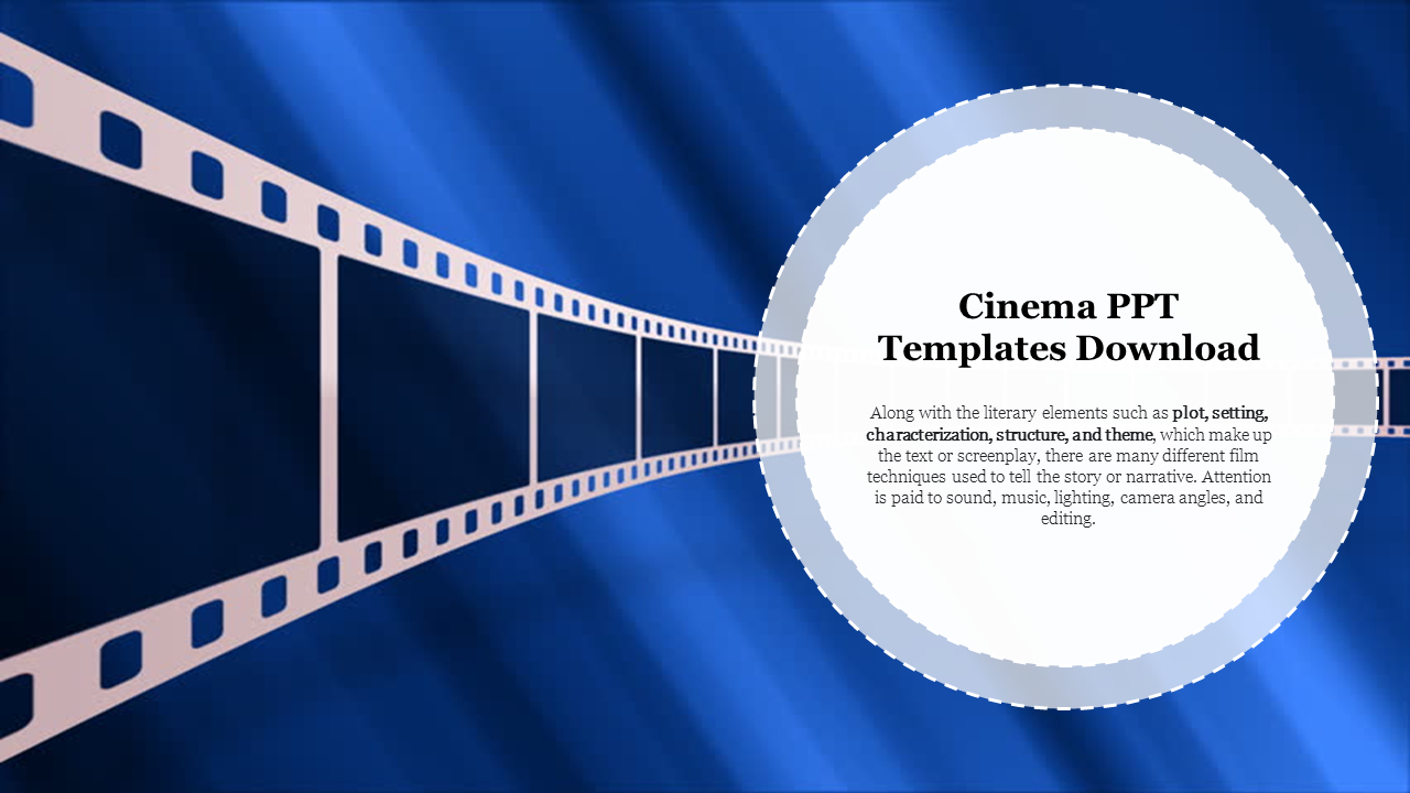 Cinema themed template featuring a film strip design and a description text in a circular layout on a blue background.