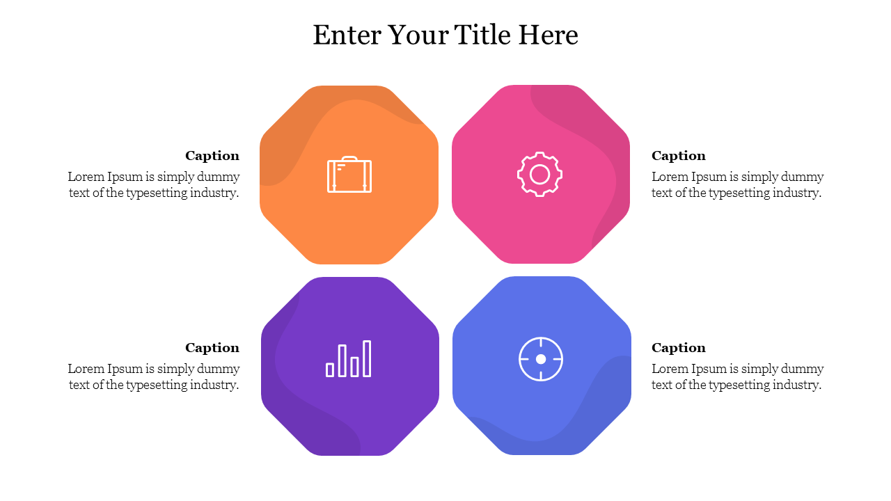 Pre made PowerPoint presentation with four hexagon icons for different sections, including suitcase, gear, graph, and target.