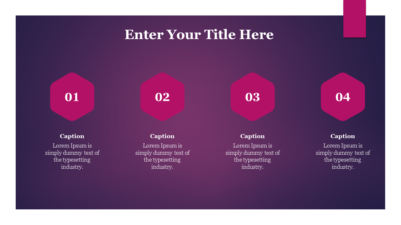 Vibrant microsoft design with pink hexagons for numbered points and text placeholders on a purple gradient background.