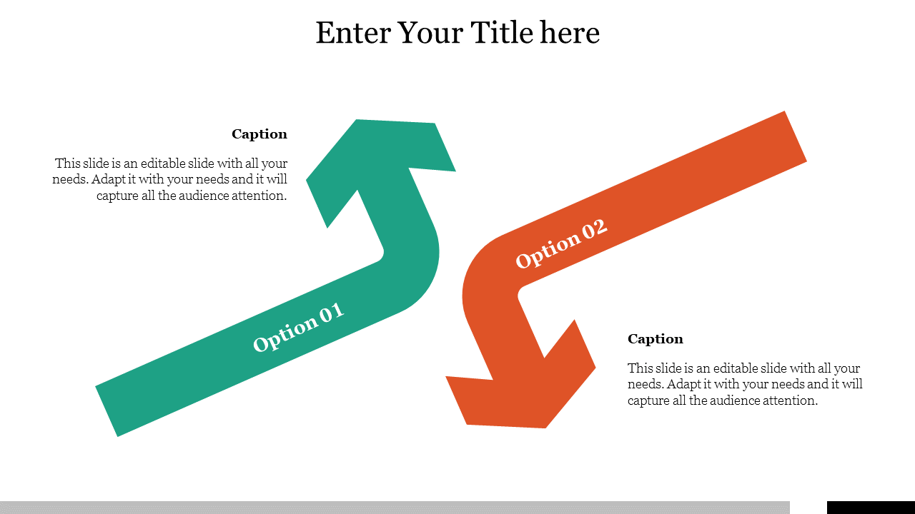 A PowerPoint slide design with arrows, featuring two options for title placement and a caption area.