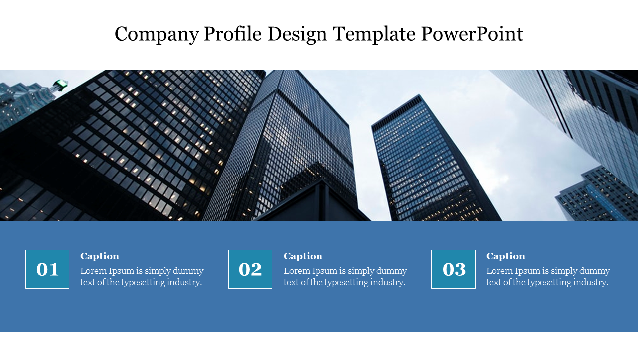 Company profile design template with a photo of skyscrapers and three numbered sections with caption areas.