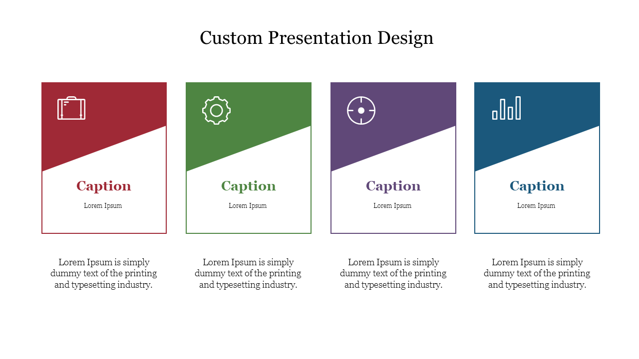 Four rectangular cards in red, green, purple, and blue with slanted dividers featuring icons and text below.