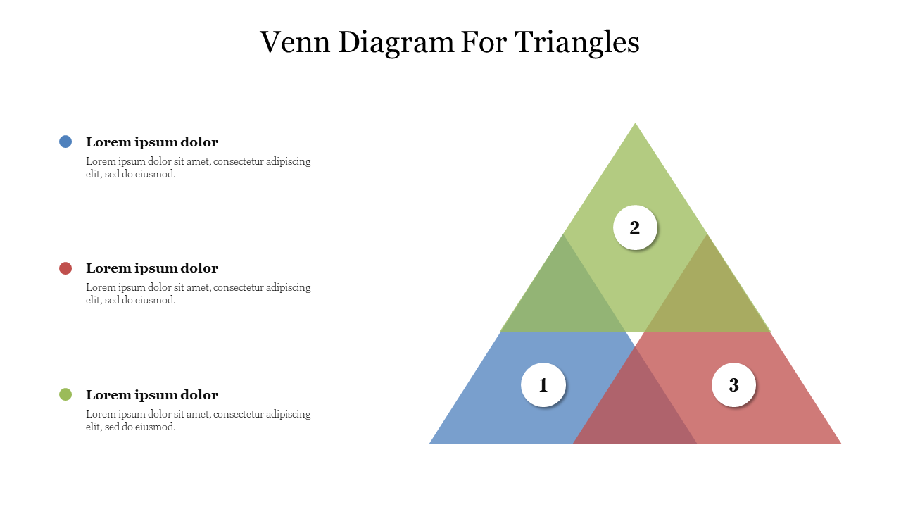 A triangular Venn diagram with three overlapping colored sections, each labeled with a number inside white circles.