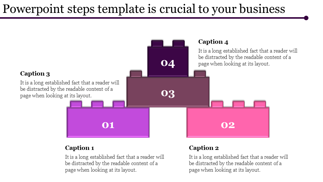 Steps template with four stacked blocks labeled 01 to 04, in pink, purple, and dark shades, with captions on both sides.