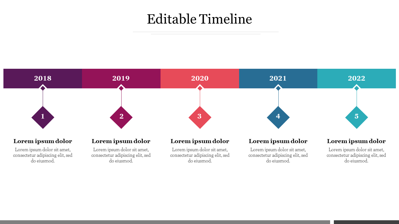 Horizontal timeline with diamond shaped markers for years from 2018 to 2022, in purple, pink, red, blue, and teal.