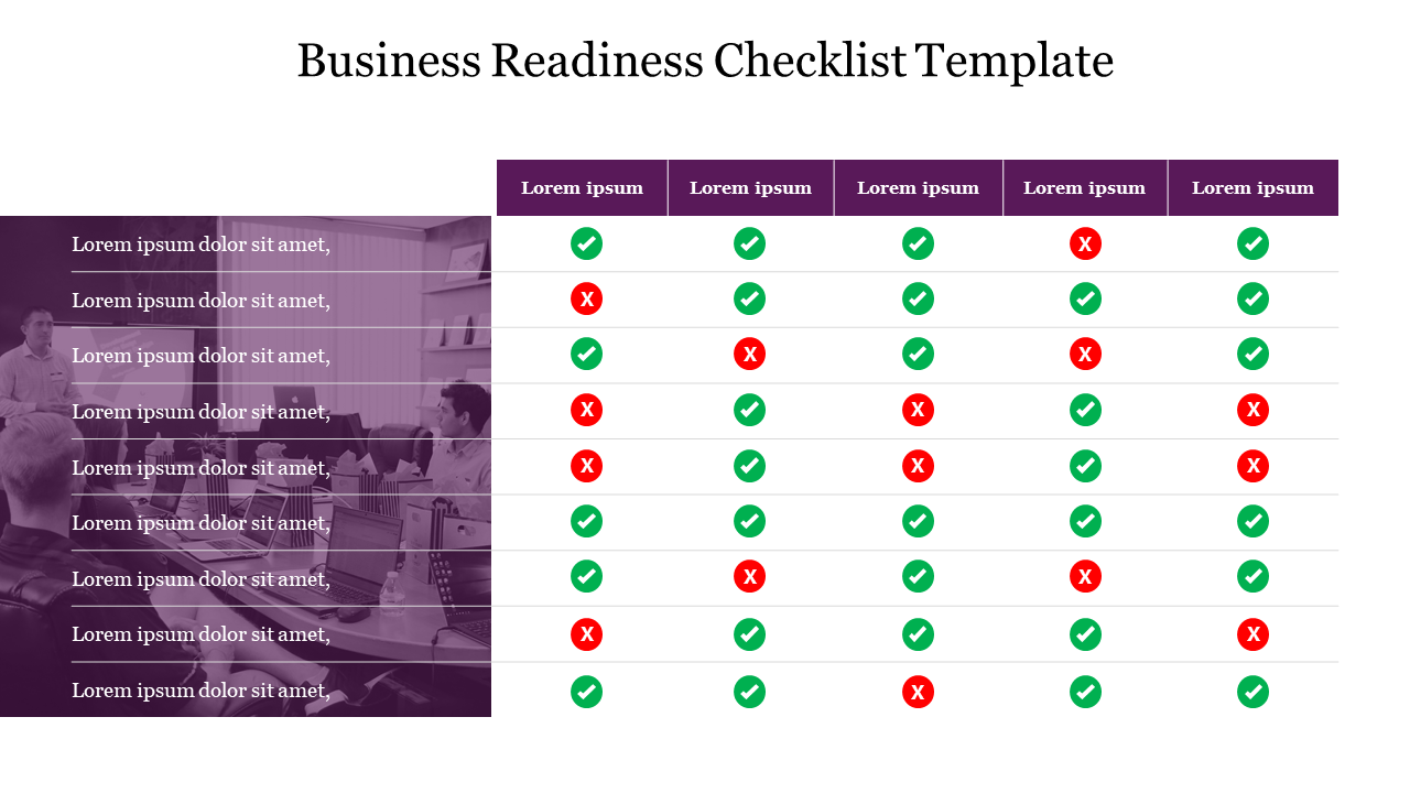 Checklist slide with tasks in rows with completion marked by green checks or red Xs, overlayed on an office meeting scene.