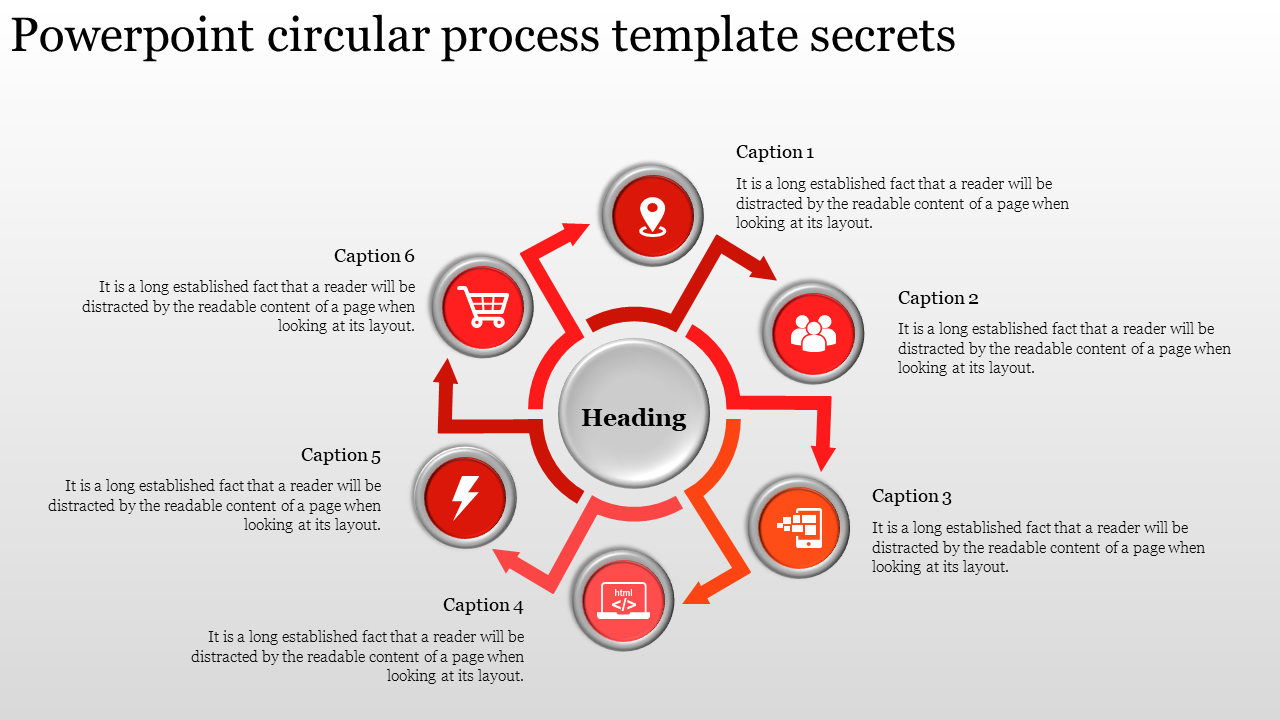 Six icons representing various processes in a circular layout with arrows, surrounding a circle with a heading placeholder.